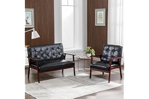 Okeysen Modern Loveseat Sofa Set (Black) - Ergonomic Leather, Mid-Century Design, 2-Seat & Accent Chair, Small Spaces Furniture, Living Room, Apartment, Office