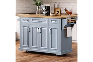 Karzibo 54" Large Kitchen Island with Rubber Wood Drop Leaf, Rolling Kitchen Cart on 4 Wheels, Embossed Texture Storage Islan