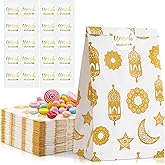 Saypacck 60 Pcs Eid Mubarak Gift Bags with Stickers Ramadan Party Favors Gold and White Treat Goodie Paper Bags for Candy Kraft Holiday Cookie Snack Wrapping for Muslim Ramadan Party Event Supply