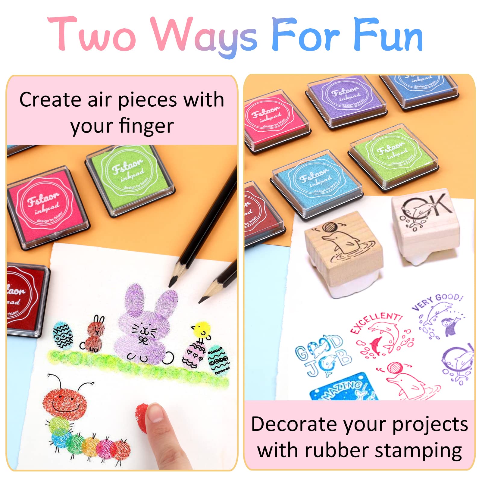 Fstaor 20 Colors Washable Ink Pads for Kids Rubber Stamps, Finger Print Crafts Stamp Pad for Kids, Paper, Scrapbooking, Fabric,Wood (Pack of 20)