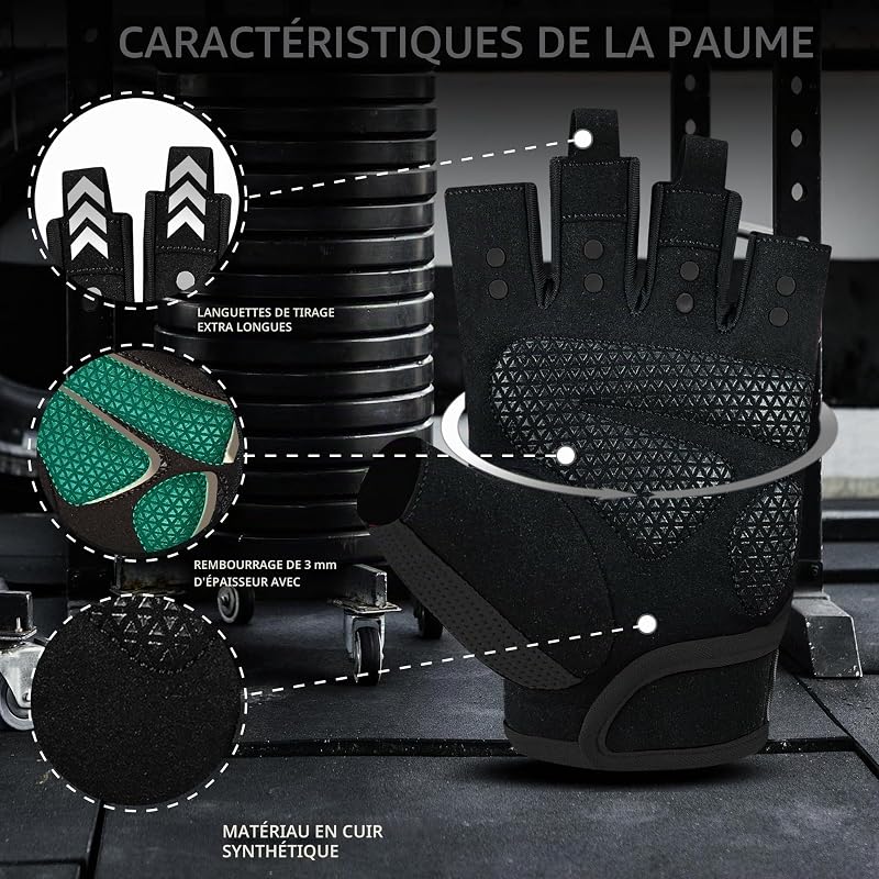 Gants de Fitness Respirants pour Hommes et Femmes Gants d'haltérophilie Bodybuilding Gym Exercice Anti-dérapant Crossfit Musculation Cycling (Noir, M)