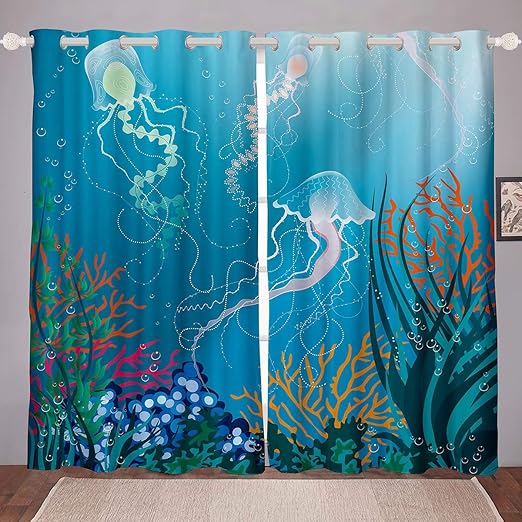 Jellyfish Curtains for Bedroom Marine Ocean Theme Curtains for Kids Boys Girls Sea Animal Print