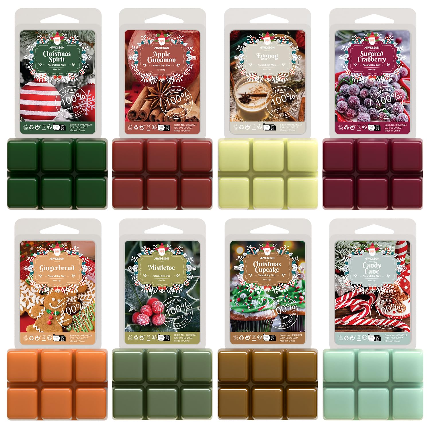 ARVIDSSON Christmas Scented Wax Melts, Holiday Soy Wax Cubes for Wax Warmer, Strong Scent Fragrance Wax Tarts, Candle Melts Gift Set, Christmas Spirit, Gingerbread, Apple Cinnamon, Candy Cane and More