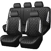 CAR PASS Bling Diamond Leather Car Seat Covers Full Seats Interior Sets, Waterproof Shining Glitter Sparkly Crystal Universal Armrest Fit Automotive Truck SUV Cute Women Girl, Black Silver Rhinestone