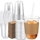 Ziliny 50 Sets Clear Plastic Cups with Lids Straws and Cup Sleeve, Disposable Plastic Iced Coffee Cup for Cold Drinks Juice Smoothie Coffee Shops Party Catering (16 oz)
