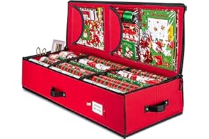 ZOBER Gift Wrapping Paper Organizer Storage - 40" Gift Wrap Storage Containers with Interior Pockets for Bows, Tags & Ribbons - Wrapping Paper Holder, 600D Oxford, Fits 24 Standard Rolls, Red/Black