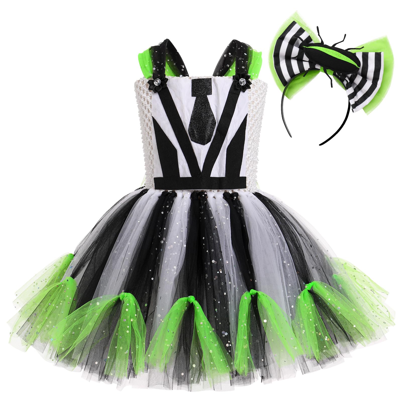 IDOPIP Kids Girl's Beetle Costume Playsuit Cosplay Black and White Striped Green Tulle Tutu Dress with Headband Carnival Party Fancy Dress Black and White 10-12Y