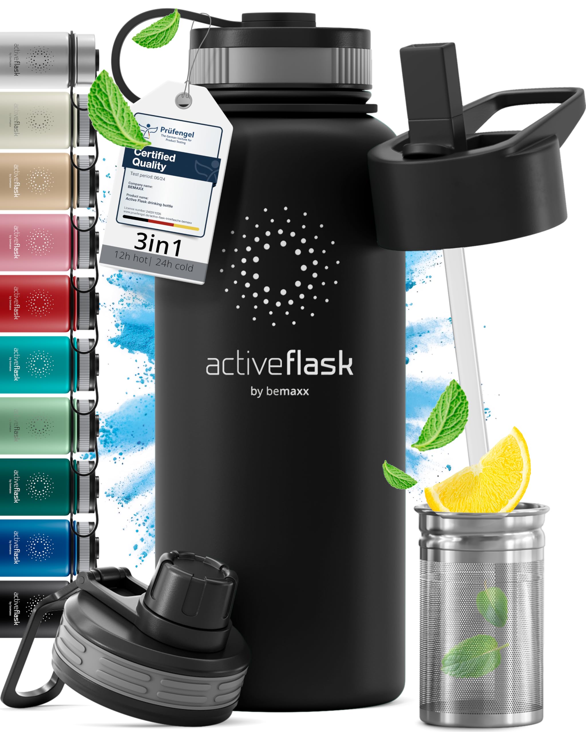 Stainless Steel Water Bottle with Straw & 3 Lids: 1 & 0,5L Leak-Proof BPA-Free Vacuum Insulated ACTIVE FLASK Drinking Bottles Hot Cold: Double Walled Outdoor Drink Thermo Mug Tea Coffee Sport Gym Bike