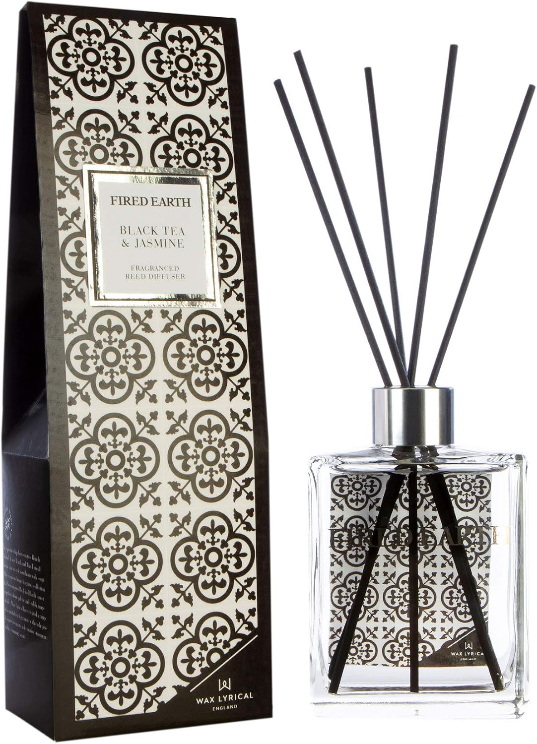 Wax Lyrical Fired Earth Small Ceramic Candle, Black Tea and Jasmine, Up to 17 hour burn time, Large Reed Diffuser