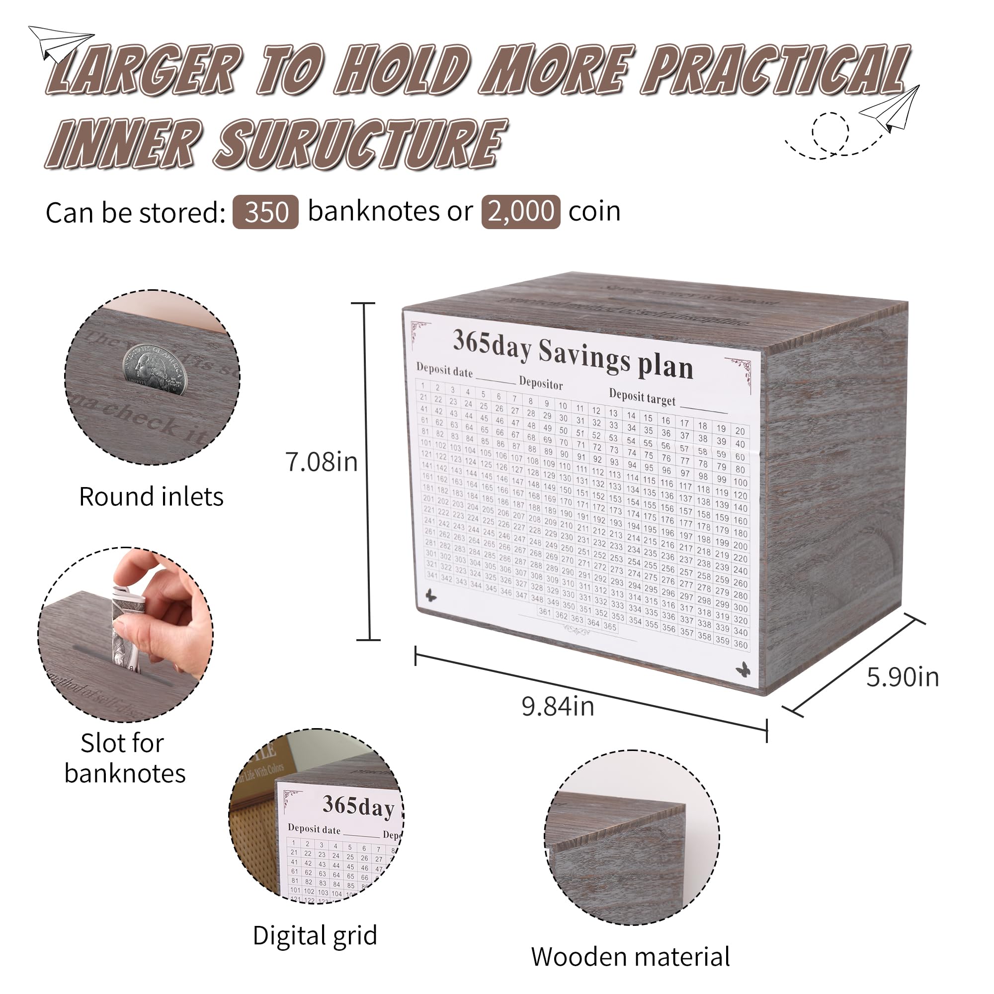 Piggy Bank for Kids and Adults, Wooden Money Saving Box for Cash, Unbreakable Piggy Bank for $10000 $5000 $3000 $1000 $800 $500 Target Money Saving Challenge.(Gray)