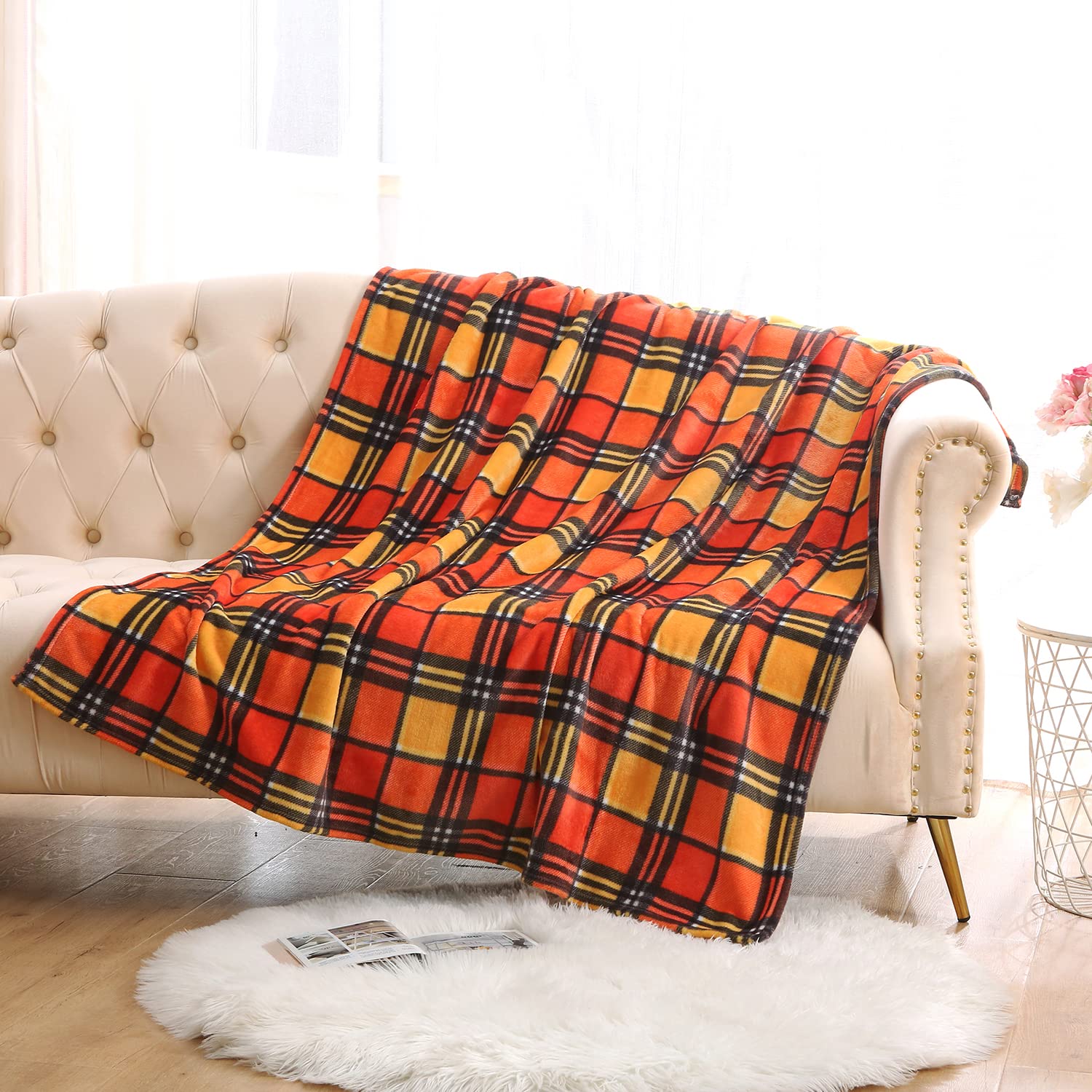 DREAMLANDING Fleece Throws For Sofa Bed Chair Soft Colorful Oversized, Decorative Ultra-Plush Throw Blanket (Orange Plaid, 130x150cm)