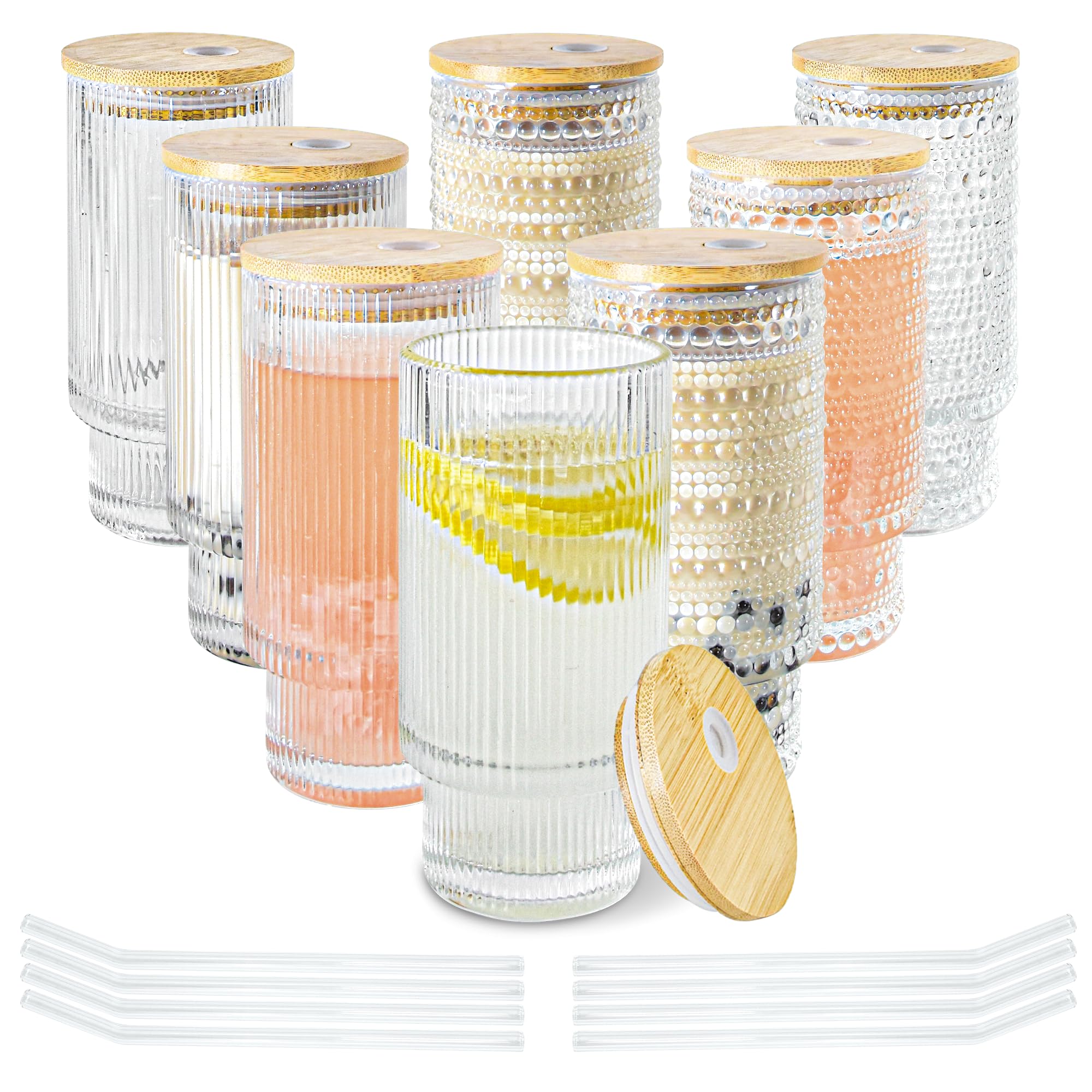 Photo 1 of ***MISSING STRAWS -SELLING AS IS*** Icesip 8 Pcs 16 oz Hobnail Glasses Cups Set with Bamboo Lids Hobonail Ribbed Glassware Set for Juice Iced Coffee Beer Cocktail Whiskey