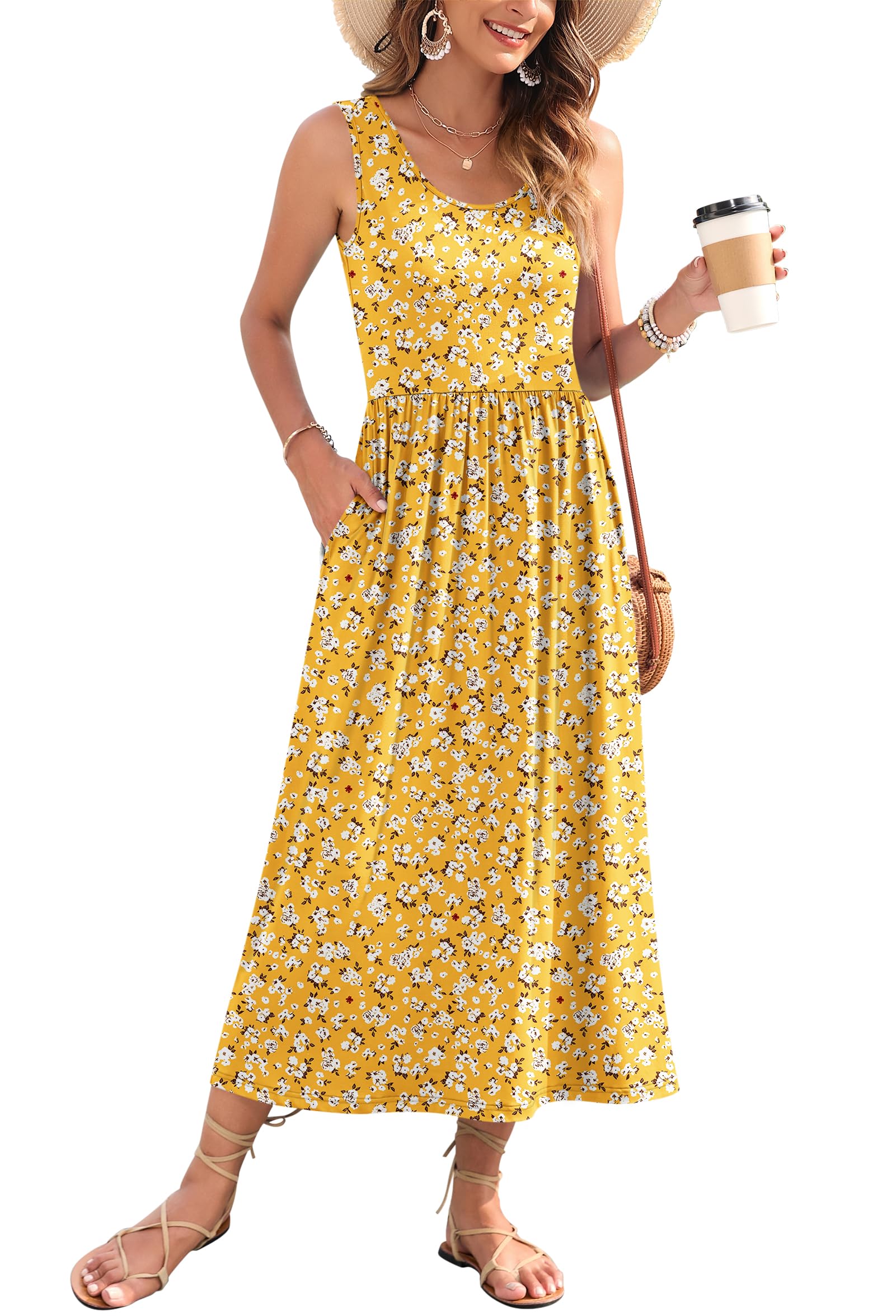 WNEEDU Maxi Dresses for Women Casual Sleeveless Beach Flowy Sundress Vacation Dress,Yellow Floral,L Image