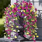 Artificial Hanging Petunias Flowers for Outdoor, 8pcs Fake Plants Long Vine Morning Glory Eucalyptus, UV Resistant Realistic Faux Greenery Outside Patio Porch Garden Spring Summer Decor, Mix Color