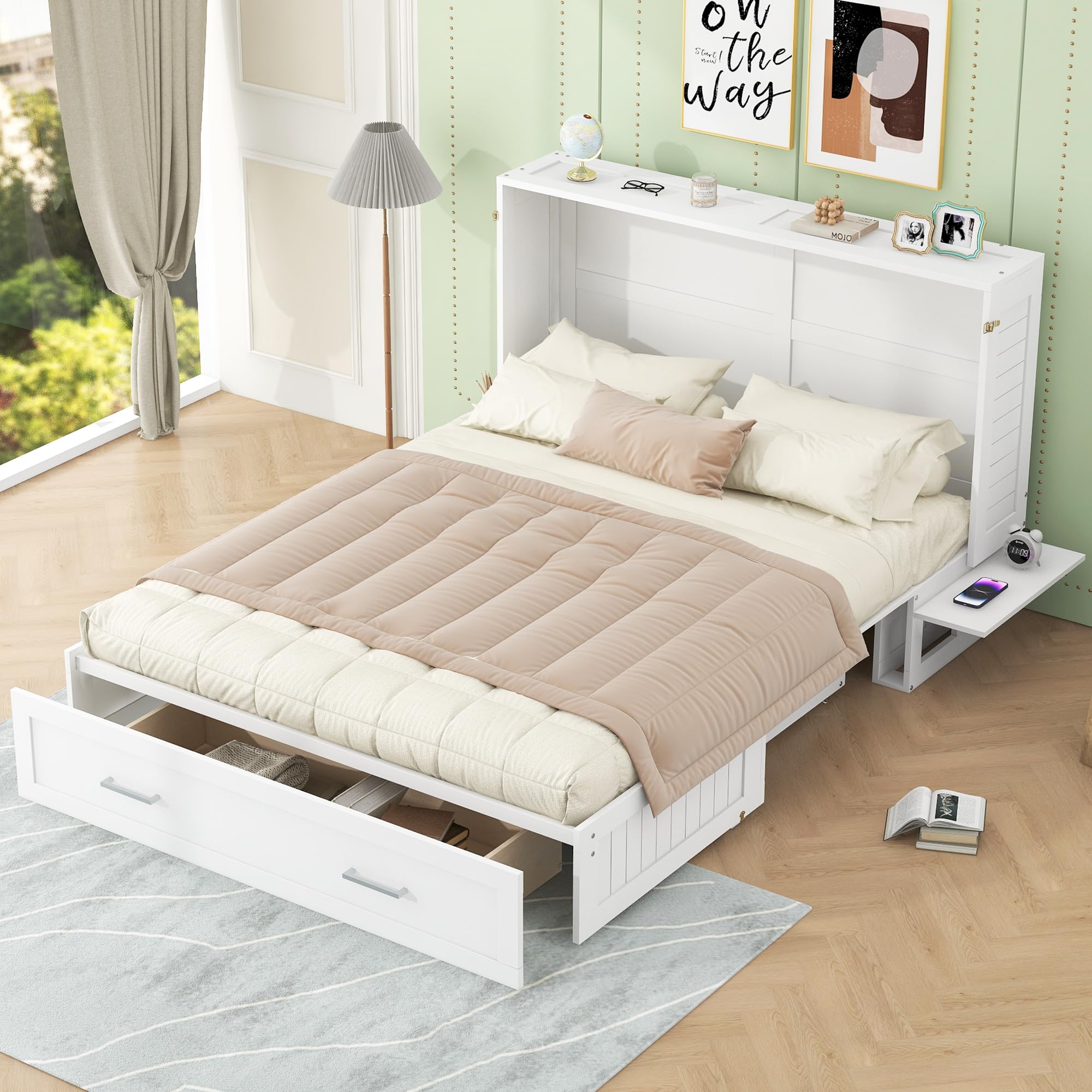 Photo 1 of ***PARTIAL SET **** Ball & Cast Mobile Murphy Bed Queen Size with A Big Storage Drawer and 2 Bedside Shelves on Each Side,Hideaway Foldable Fold-Down Bed w/Slat Support,Space-Saving Bedframe for Bedroom,White