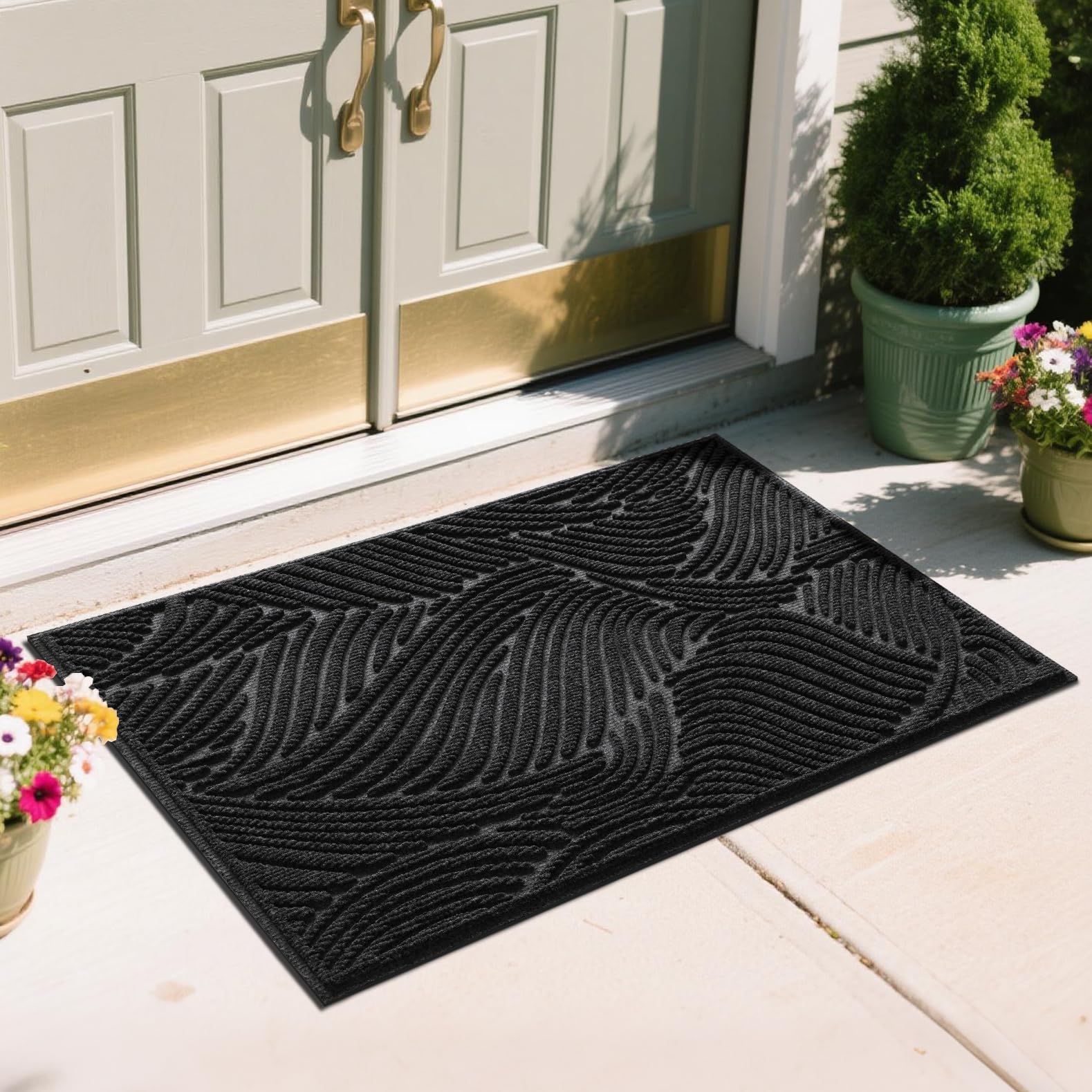 Yimobra Doormat Indoor Outdoor Entrance, Simple Stripes, All-Weather Waterproof & Non-Slip Mat for Front Door, Heavy Duty Polyester Welcome Mat for Garage, Patio-47x32，Black Image
