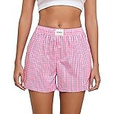 Viakeo Womens Cotton Boxer Pajama Shorts Gingham Summer Lounge Sleep Plaid Shorts Y2K Beach Bottoms with Pockets