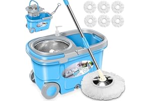 Tsmine Commercial Microfiber Spin Mop and Bucket with Wringer Set for Hardwood Floor,Kitchen Household Cleaning Tools Supplies with 6 Replacement Refills,61" Extended Handle