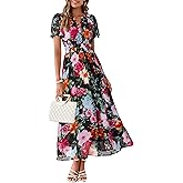 Simplee Women Floral Summer Maxi Dress Boho Flowy Casual Chiffon Short Sleeves V Neck Long Wedding Guest Dresses
