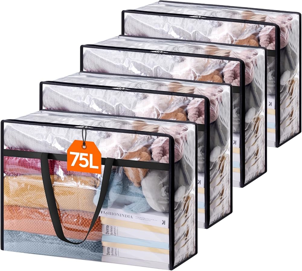Lifewit 4 Pack Clear Plastic Storage Bags 75L Foldable Wardrobe Organizer