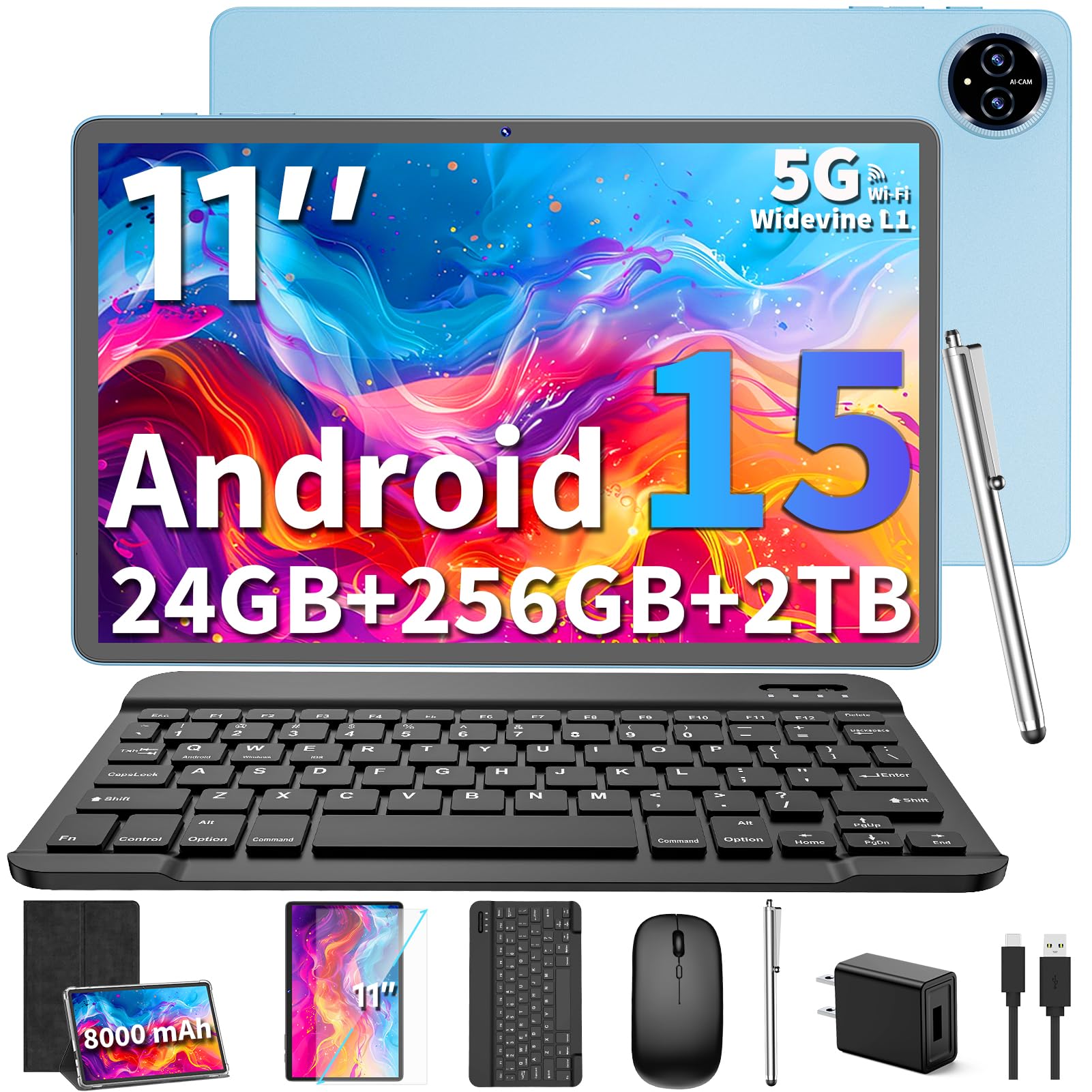 Photo 1 of Android 15 Tablet, 2025 Upgraded 11 inch Android Tablets with Keyboard, 24GB+256GB+2TB Expand, Support Face Unlock+18W Fast Charging, Octa-Core CPU,Dual WiFi6, Dual Camera,8000mAh Battery, Black
