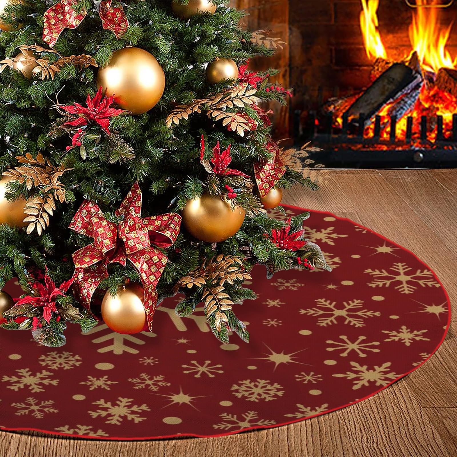 Christmas Tree Skirt 48 Inches(120cm), Gold Snowflakes Red Tree Skirt, Large Christmas Tree Mat with Snow Pattern for Christmas Decorations Party