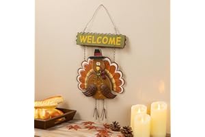 Glitzhome 17.91" H Metal Wooden Turkey Welcome Sign, Thanksgiving Turkey Wall Hanging Decor with Welcome Sign for Indoor Outdoor Decoration