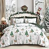 Luxudecor Christmas Duvet Cover Set Queen Size 3 Pieces, Green Christmas Tree and Reindeer Pattern, Soft Microfiber Comofrter Cover, Reversible Bedding Set Xmas Holiday Decor(Not Comforter)