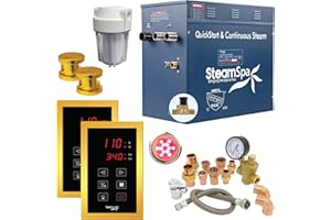 SteamSpa Executive 12 KW QuickStart Acu-Steam Bath Generator Package with Built-in Auto Drain and Install Kit in Polished Gold, Steam Generator Kit with Dual Control Panel Steamhead 240V EXT1200GD-A