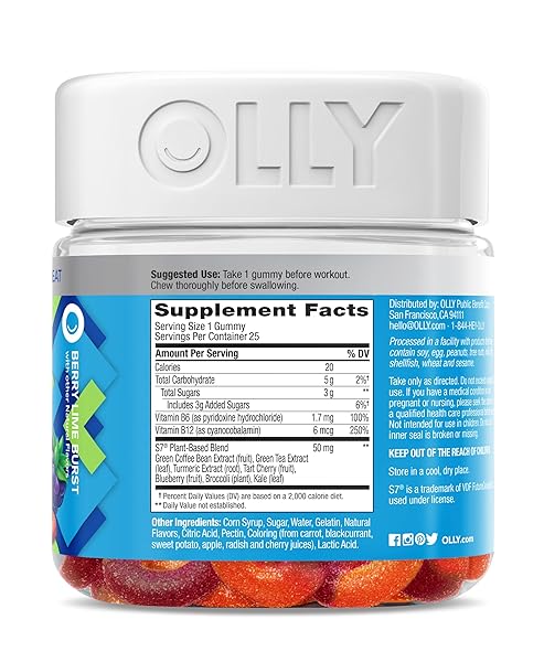 OLLY PRE-GAME ENERGIZE WORKOUT GUMMY RINGS, S7 PLANT-BASED BLEND, B VITAMINS, BERRY LIME FLAVOR – 25 COUNT