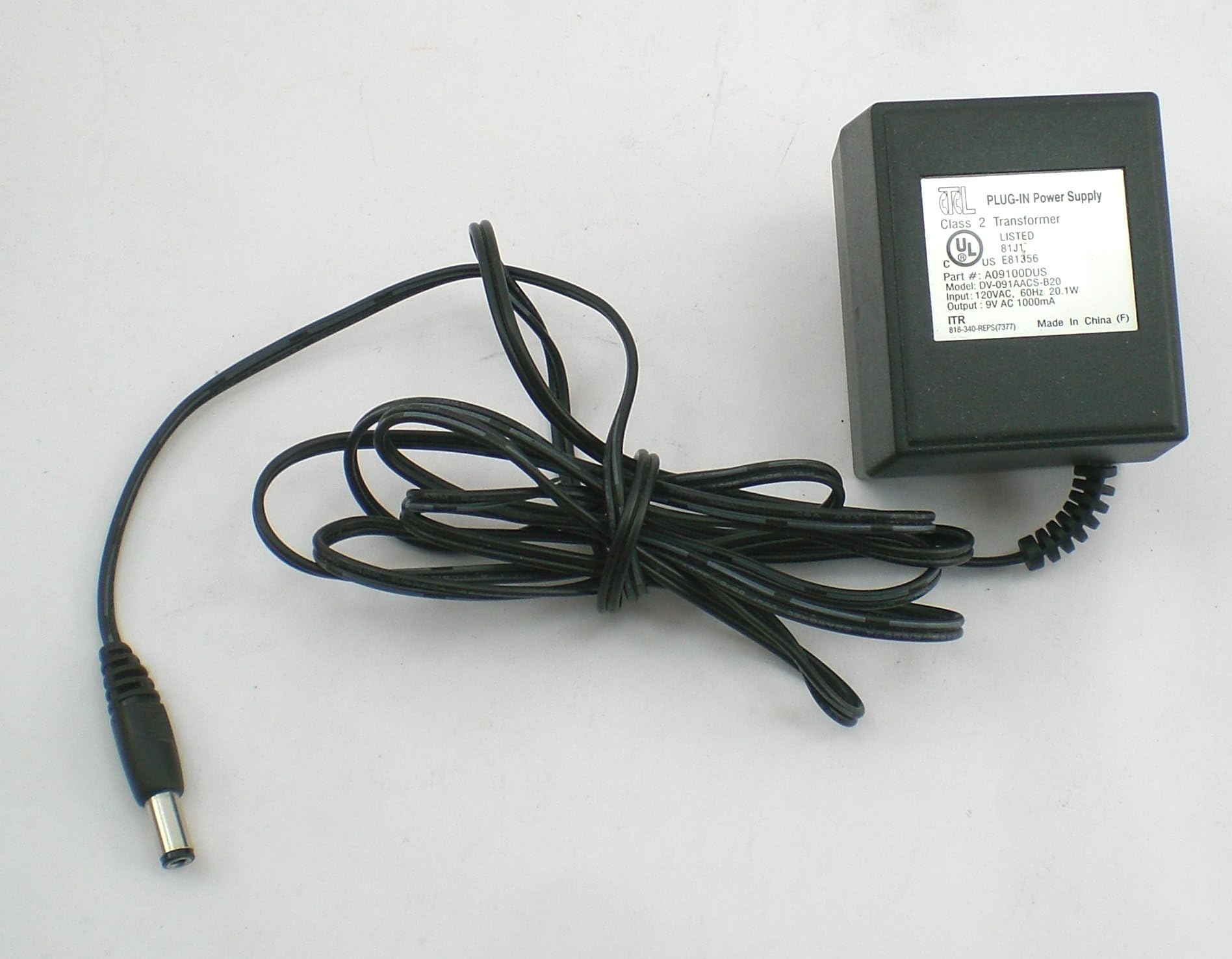 CTCL AC/DC adaptor Part # A09100DUS Model DV-091AACS-B20 input a20 vac output 9v AZ 1000mA