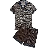 WDIRARA Men's Satin Pajamas Polka Dots Short Sleeve Button Up Top and Shorts Lounge Set