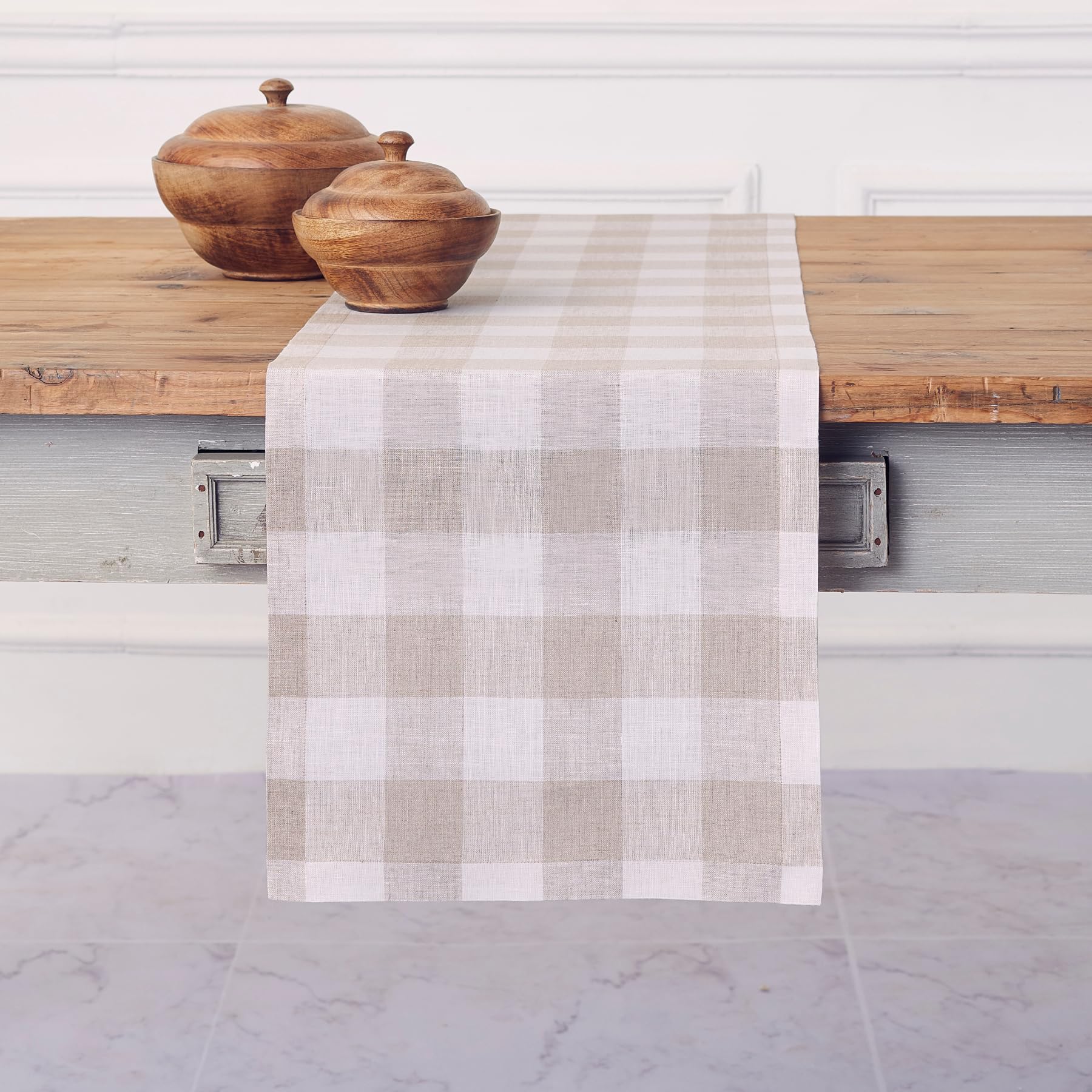 Solino Home Linen Buffalo Plaid Table Runner 120 Inches Long - 100% Pure Linen Natural and White Checkered Table Runner 14 x 120 Inch Ideal for Dining, Summer