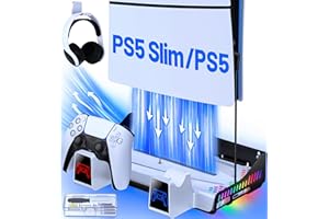 DINOSTRIKE PS5 Wall Mount for Playstation 5 Slim Digital Disc Console, RGB PS5 Shelf Wall Mount Stand Kit with Dual Charging Station, PS5 Slim Cooling for PS5 Accessories Base Steel Wall Stand Headset Holder