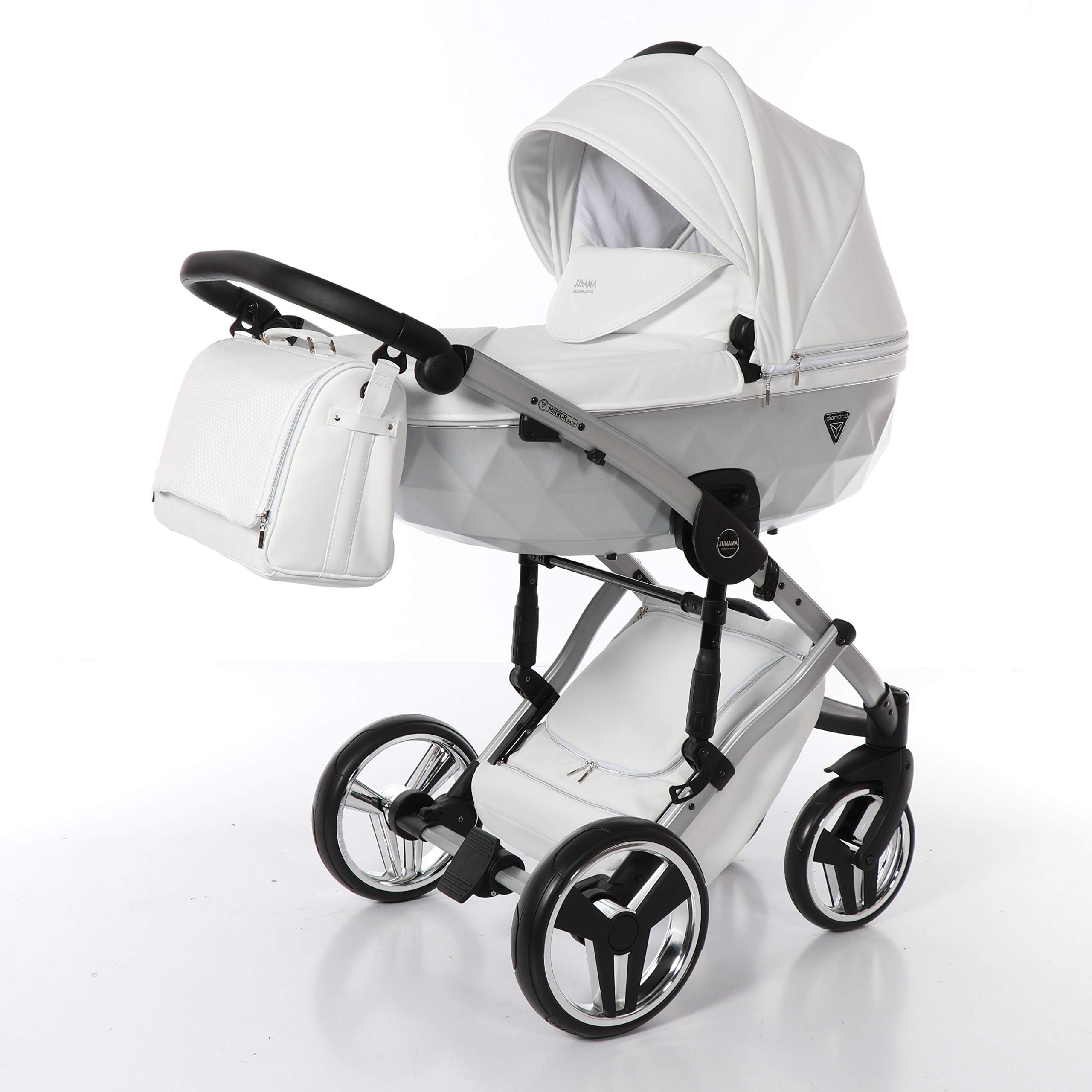 Combination Children's Pram Set JUNAMA Diamond Mirror Satin Baby Pram Buggy Pushchair + Accessories (04 Satin Weiß - Silber, 2IN1)
