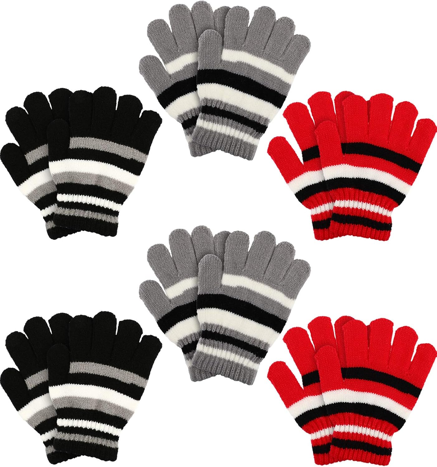 6 Pairs Kids Gloves Winter Warm Gloves Stretch Knit Mittens Children Protective Gloves (Black, Red, Gray): Clothing