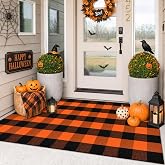 IOHOUZE Fall Buffalo Plaid Outdoor Rug 3x5, Washable, Black Orange | Woven cotton fall outdoor rug for porches and entryways, black and orange washable checkered farmhouse decor