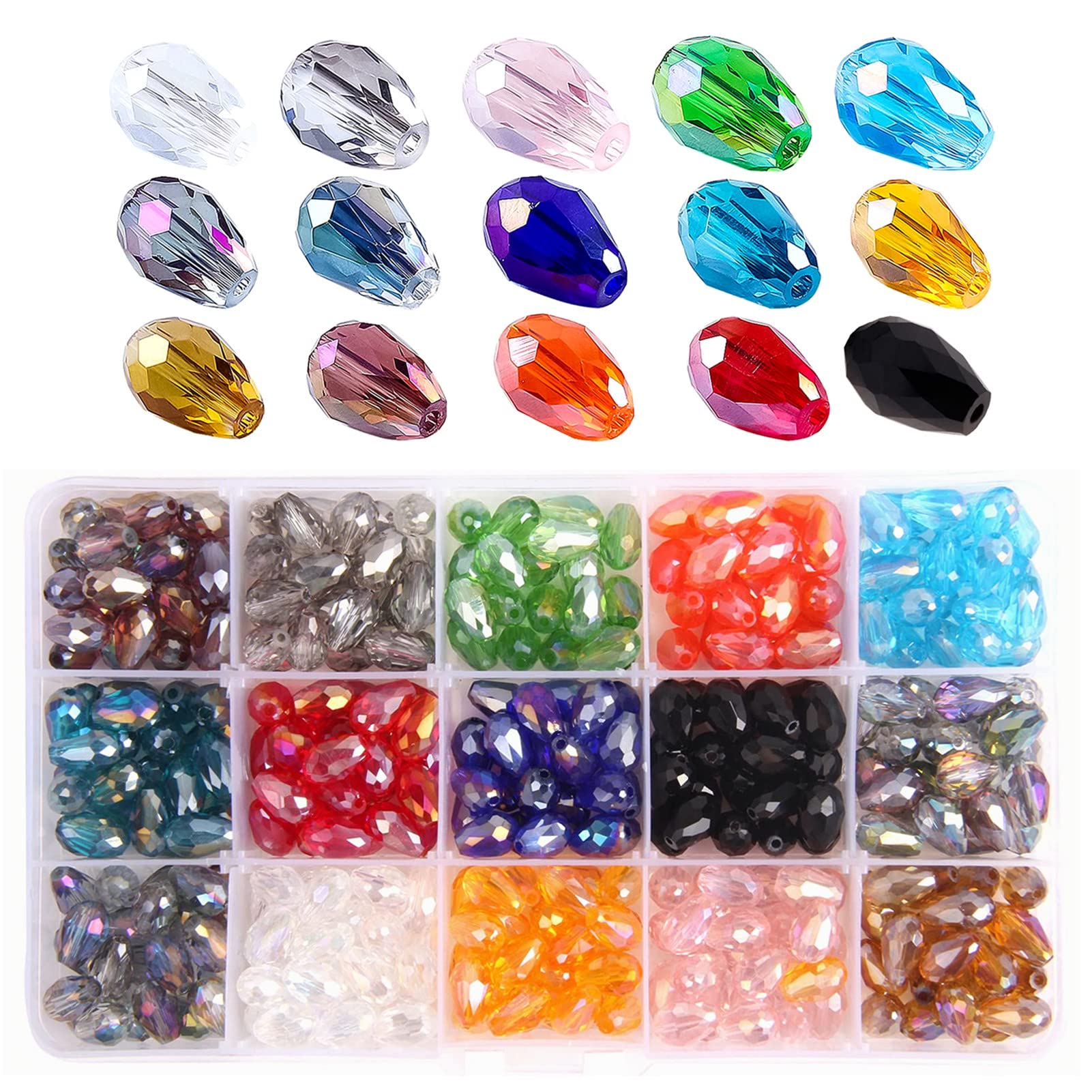 Colle Crystal Teardrop Glass Bead for Jewellery Making, 300pcs 8-10mm Crystal Beads for Bracelet Making, 15 Colors Glass Beads for Bracelets Necklace Making,DIY Craft Kit for Adult use