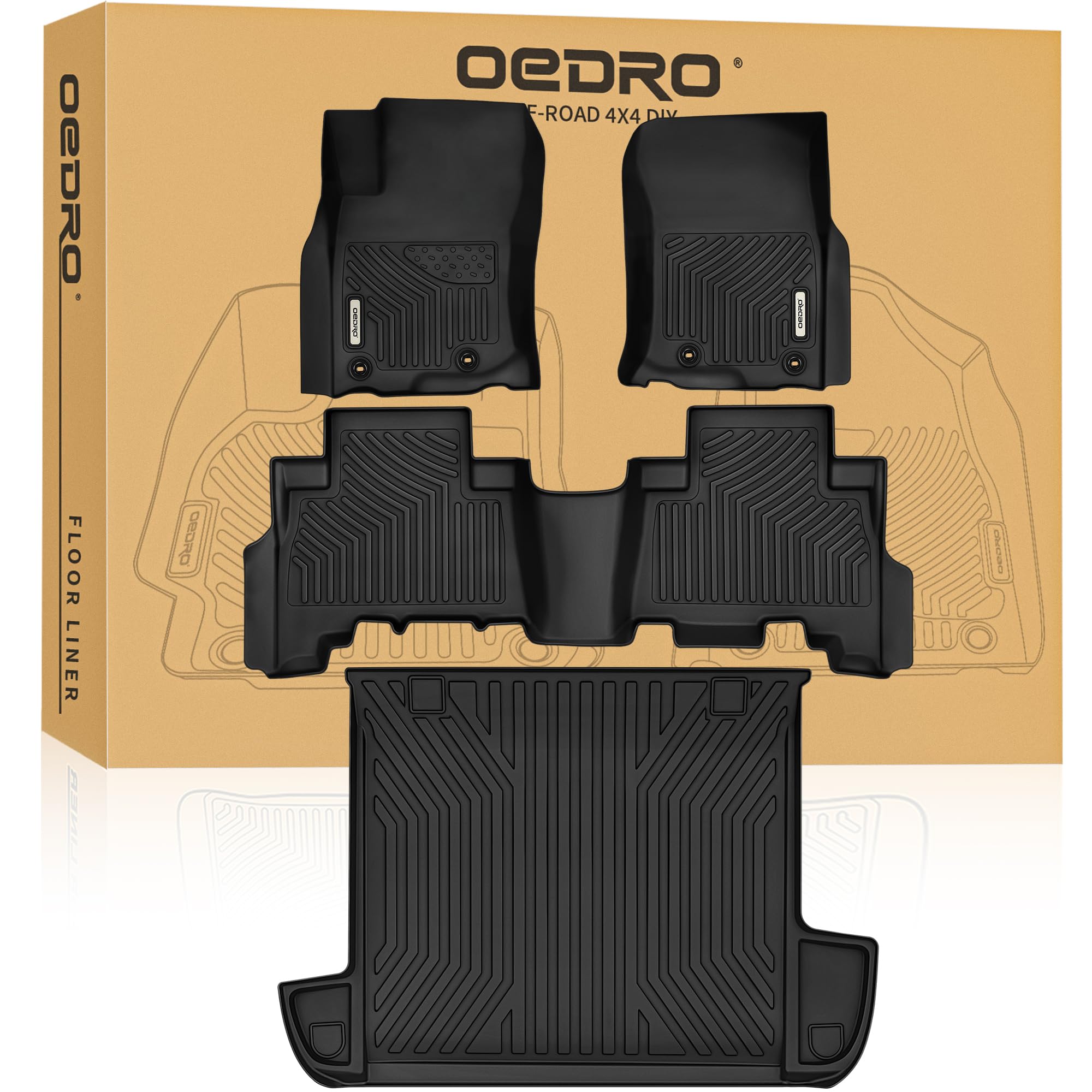 OEDRO Floor Mats&Cargo Liner Fit for Toyota 4Runner 2013-2024(Only 5 Seater, Not Fit 7 Seats) Custom Fit TPE All Weather Floor Liners, 1st & 2nd Row Full Set Car Liners, Black Image