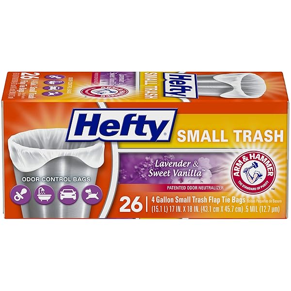HEFTY SMALL GARBAGE BAGS, FLAP TIE, LAVENDER & SWEET VANILLA SCENT, 4 GALLON, 26 COUNT