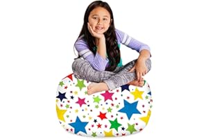 Posh Creations Stuffable Kids Stuffed Animal Storage Bean Bag Chair Cover - Childrens Toy Organizer, Medium-27 - Canvas Stars Bright Multi-Colored