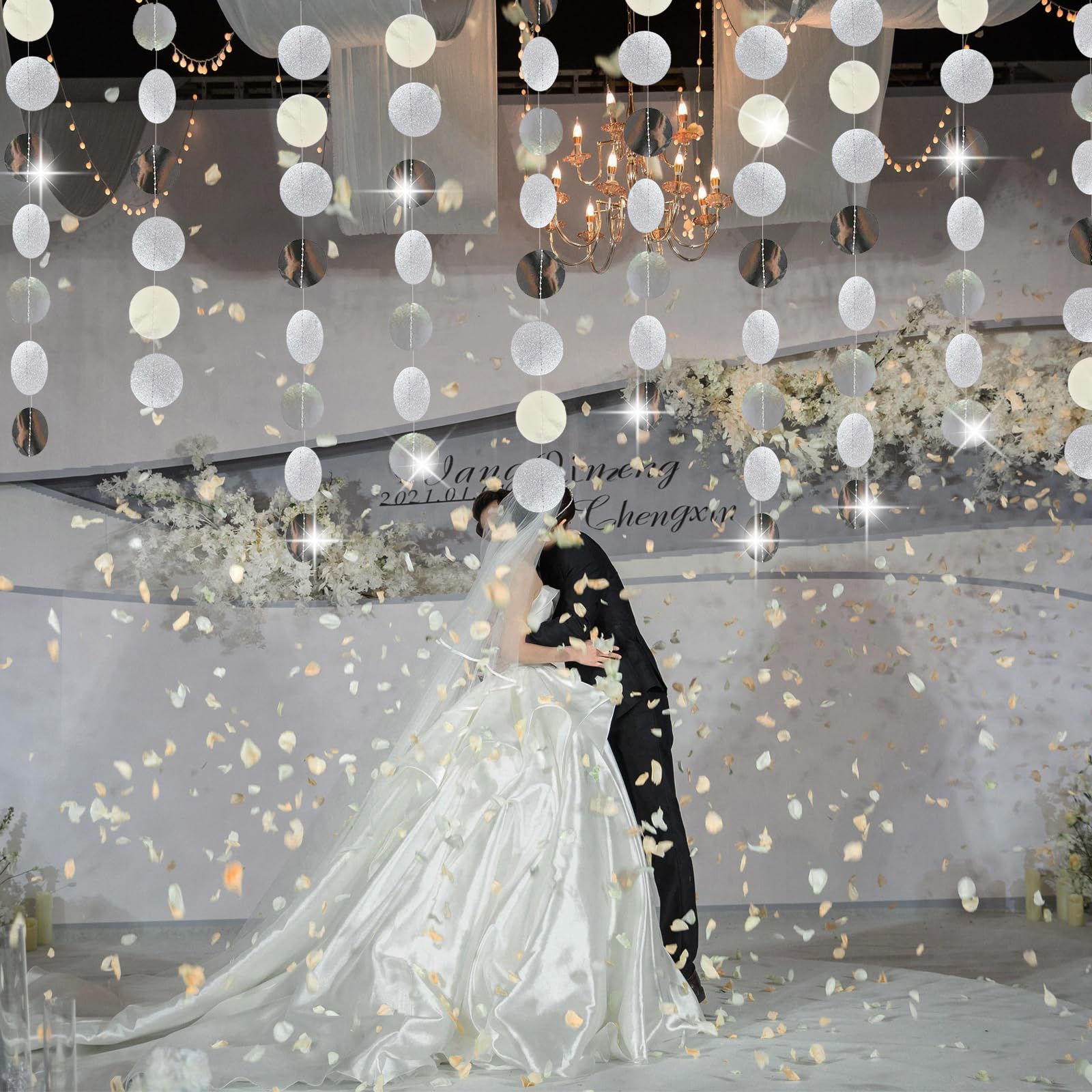 Hexizexi 78Ft Circle Dot Streamers Garland 6 Pcs 4m Polka Dots Streamer Holographic Silver Hanging Paper Garland for Wedding Baby Shower Birthday Party Decoration