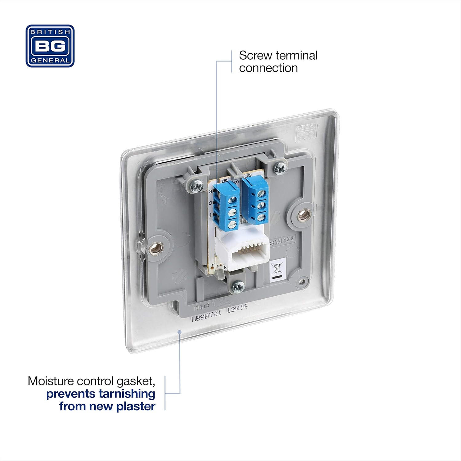 BG Electrical NBSBTS101 Single Telephone Slave Socket, Brushed Steel