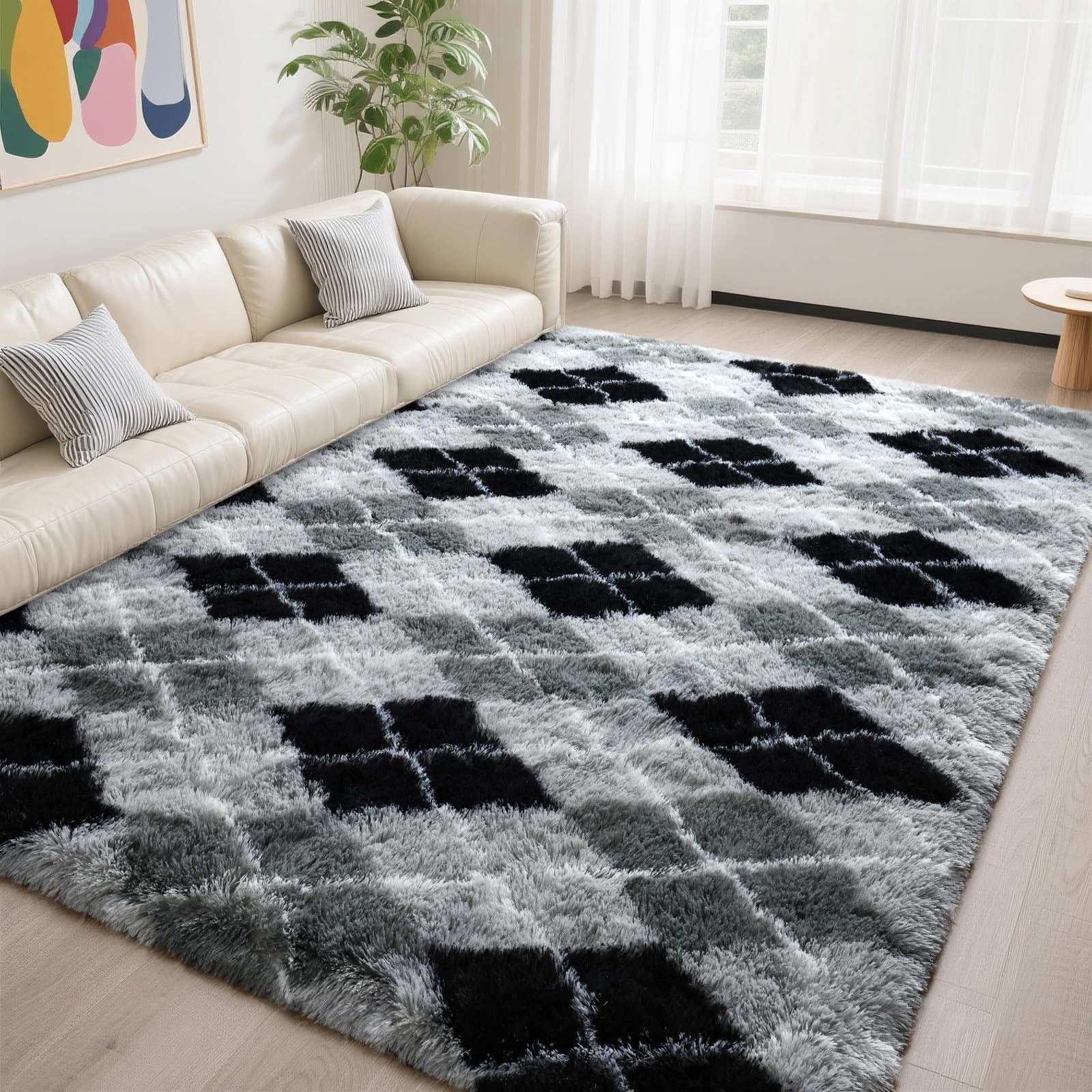 Photo 1 of DweIke 6x9 Geometric Area Rugs for Living Room Bedroom, Large Fluffy Throw Rug, Soft Plush Shaggy Fuzzy Floor Carpet for Nursery Kids Girls Boys Teen Dorm Home Office Decor, Grey and Black