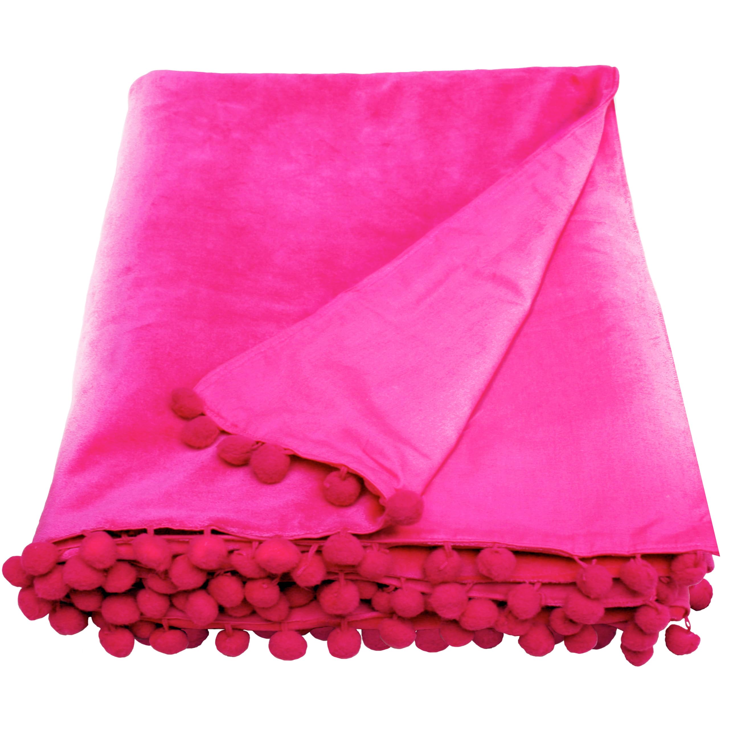 Ragged Rose 140 cm x 180 cm Throw Blanket - Pom Pom Throw Made of Cotton Velvet with Pompom Trims on Sides - Versatile Cotton Velvet Blanket for Sofa & Bed