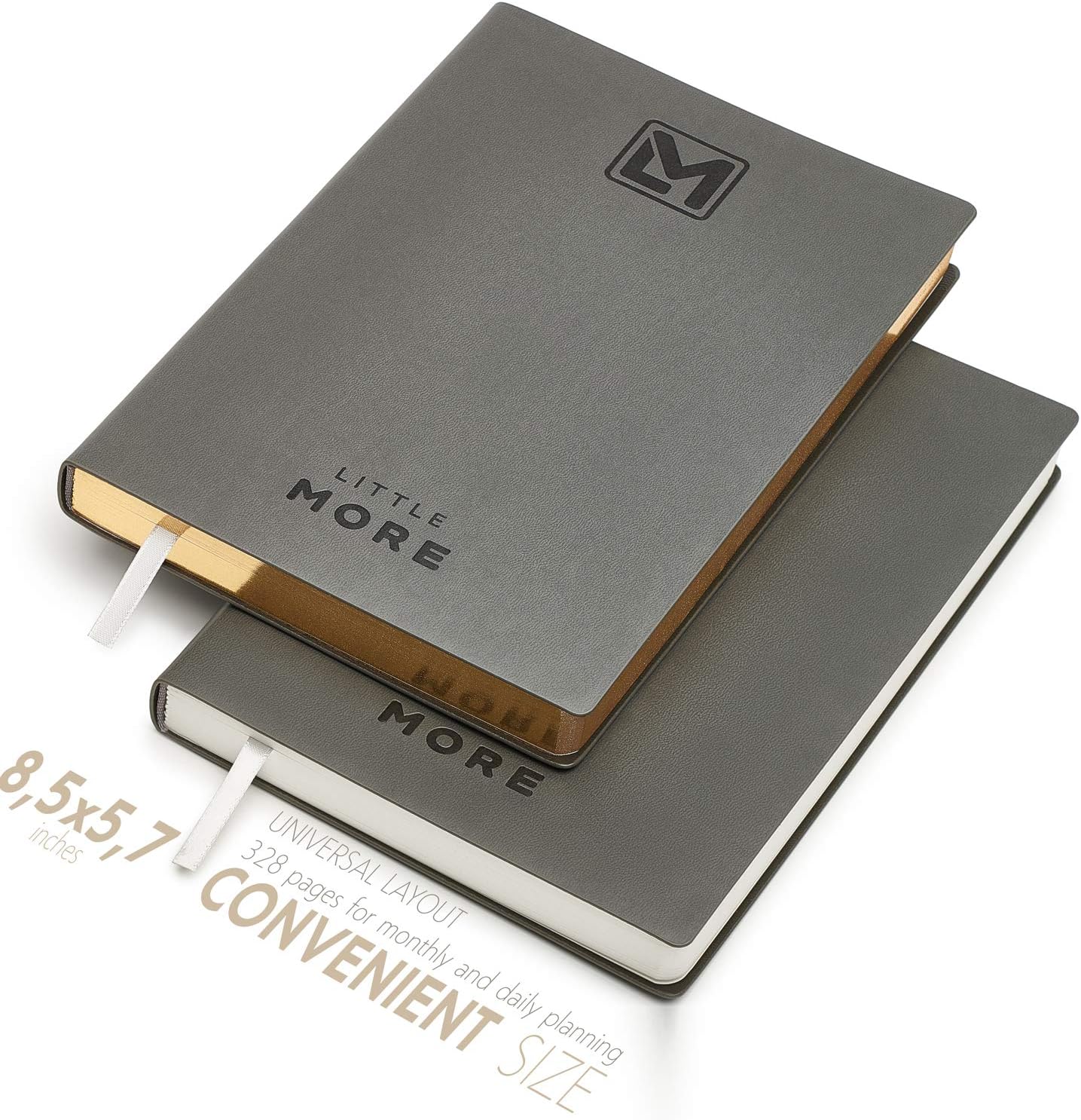 Little More Daily Organizer Planner in Protect Box - Undated Planner to Achieve Goals - A5 Vegan Leather 5.5”x8.5" - Calendar Stickers 2021-2022 (Grey Gold): Office Products