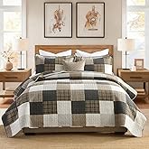 DDUOXIN King Quilt Set - 100% Cotton Quilts with 2 Pillow Shams, Farmhouse Plaid Bedspread Lightweight Thin Comforter Bedding Sets for All Seasons, Brown/Charcoal/Beige/Gray, King(106" W x 98" L)