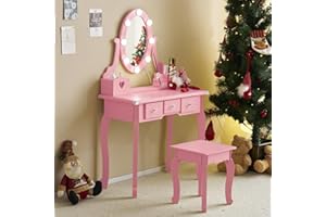 Karl home Kids Vanity Table and Chair Set, Princess MDF Dressing Table with 3-Color LED Lighted Mirror and 3 Drawers, Lovely Waved Design for Toddler's Bedroom and Playroom Decor, Macaroon Pink