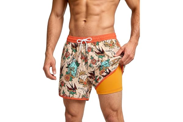 maamgic Mens Vintage Swim Shorts 5.5 Inch with 2 in 1 Compression Liner 80s 90s Retro Swim Trunks Quick Dry Bathing Suits