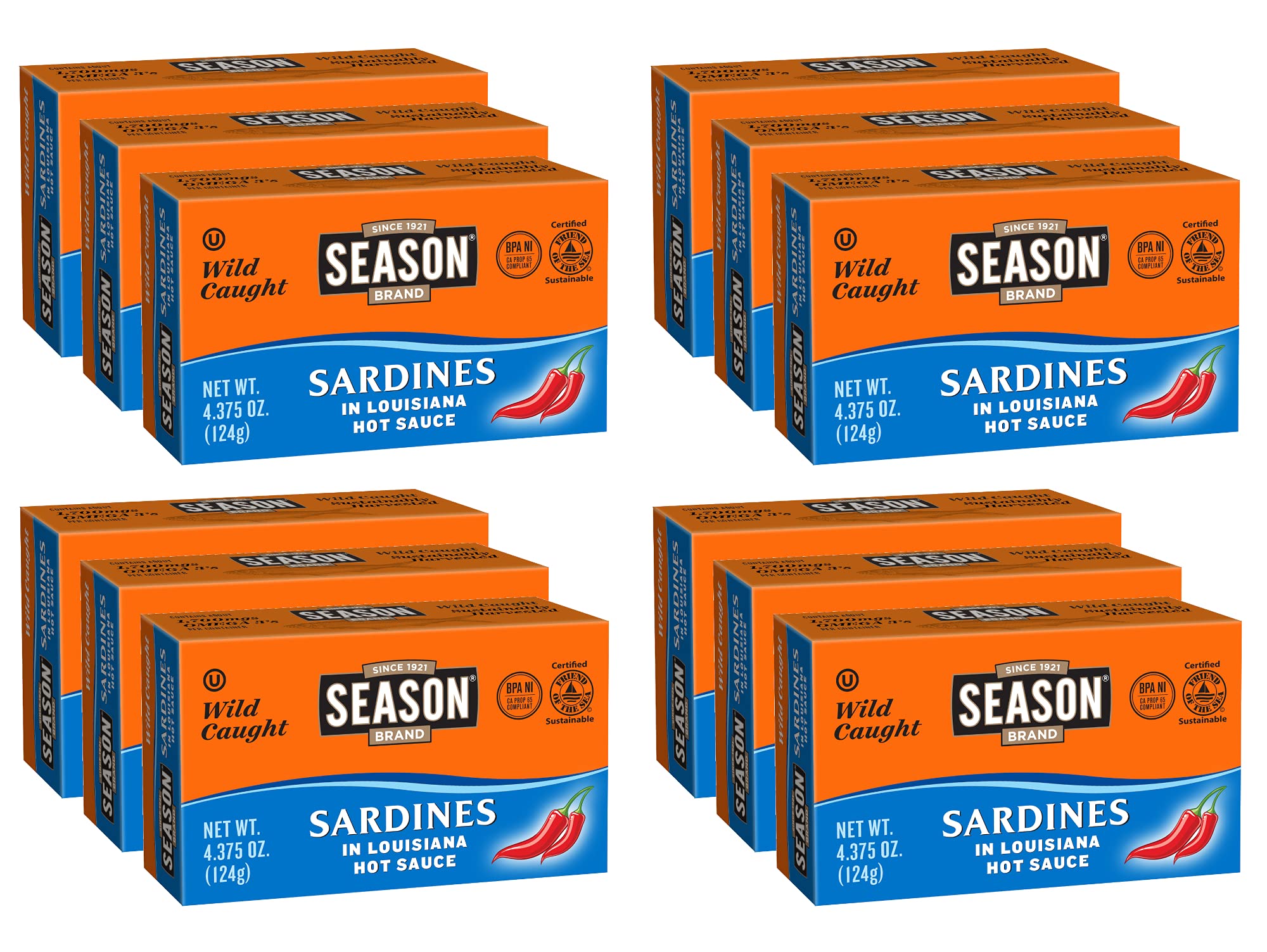 SEASONSardines in Hot Sauce - Wild Caught, 24g of Protein, Keto Snacks, More Omega 3's Than Tuna, Kosher, High in Calcium, Canned Sardines - 4.37 Oz, 12-Pack